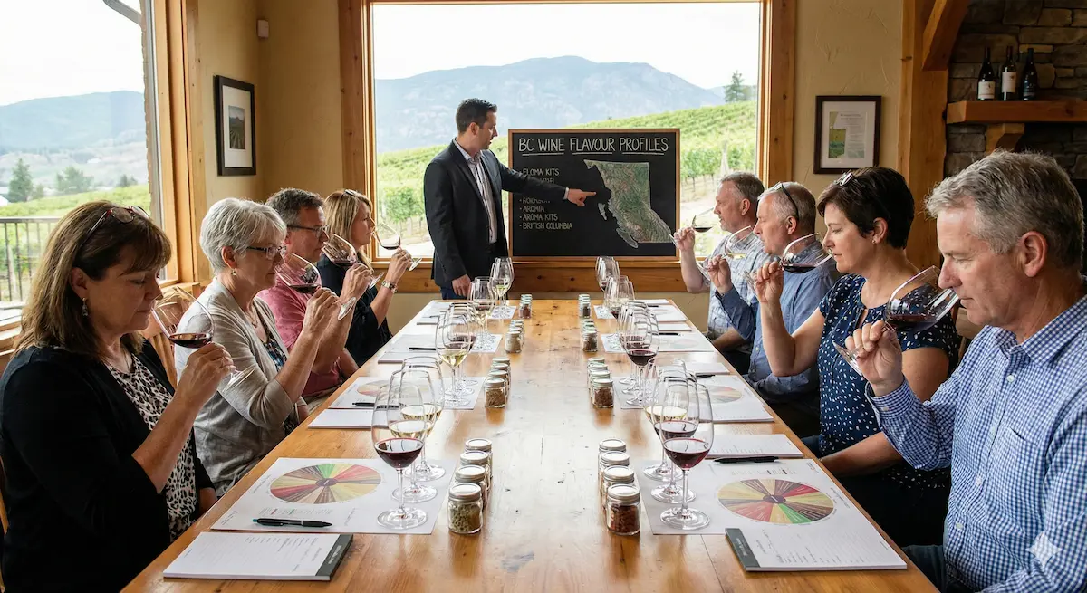 Guided BC Wine Tasting and Flavor Profiling Class in Classroom Setting