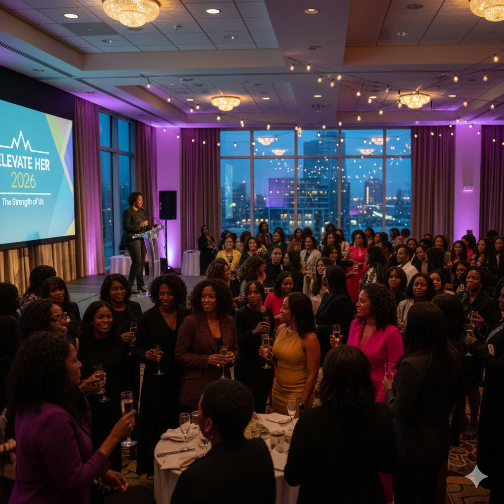 A vibrant evening reception at the Elevate Her Conference 2026, featuring a room full of Black women leaders and entrepreneurs networking in an elegant venue with city views.